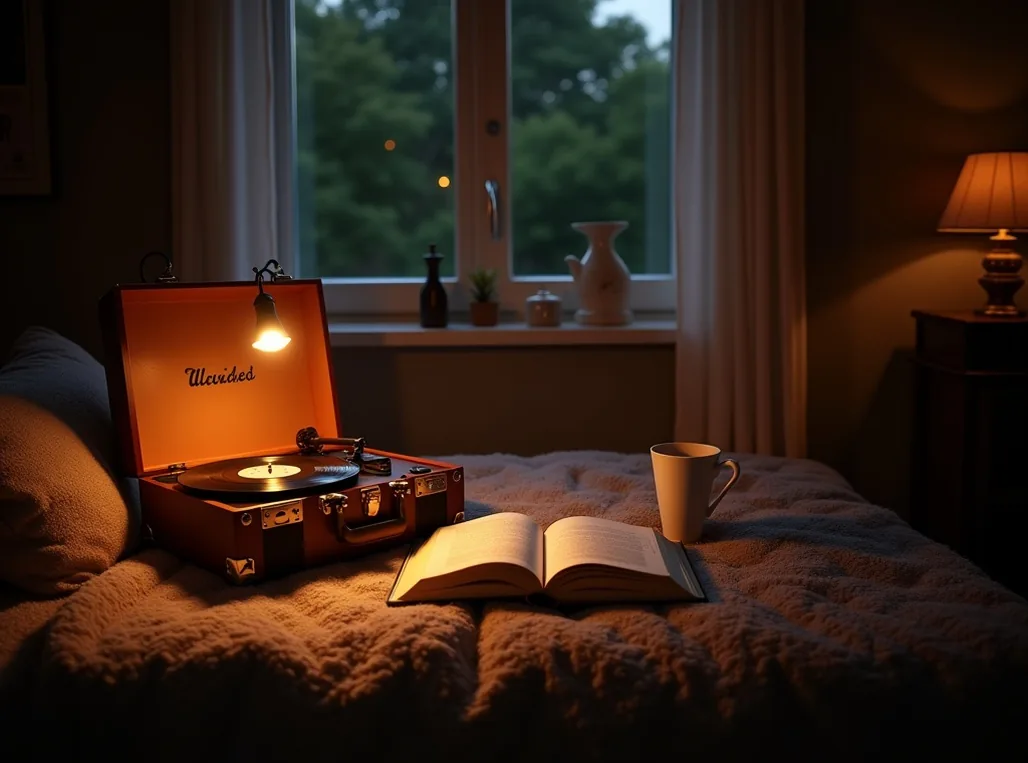 A cozy reading nook at night with a portable trunk record player glowing softly beside an open book