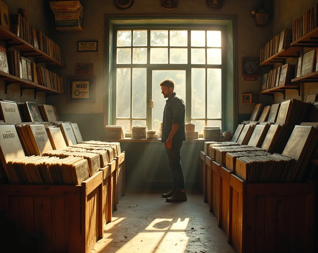 A vintage record shop interior with wooden crates of vinyl a customer flipping through albums warm daylight