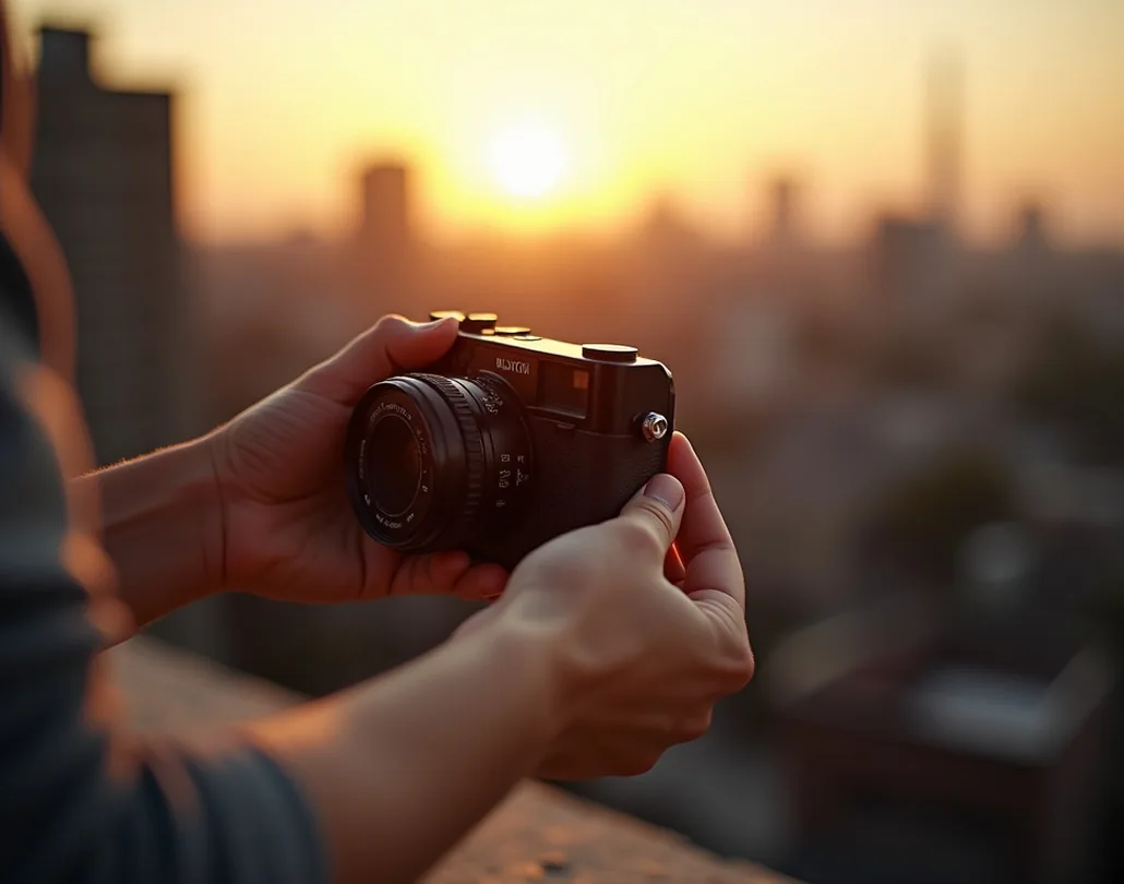Close-up of hands loading a roll of 35mm film into a rangefinder camera on a rooftop at golden hour
