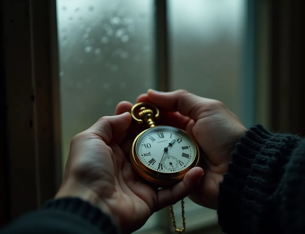Close-up of weathered hands winding a brass pocket watch by a rain-streaked window at dusk