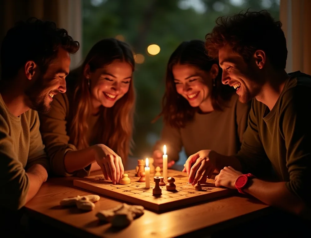 Four friends gathered around a handcrafted wooden board game on a candlelit table at night laughing