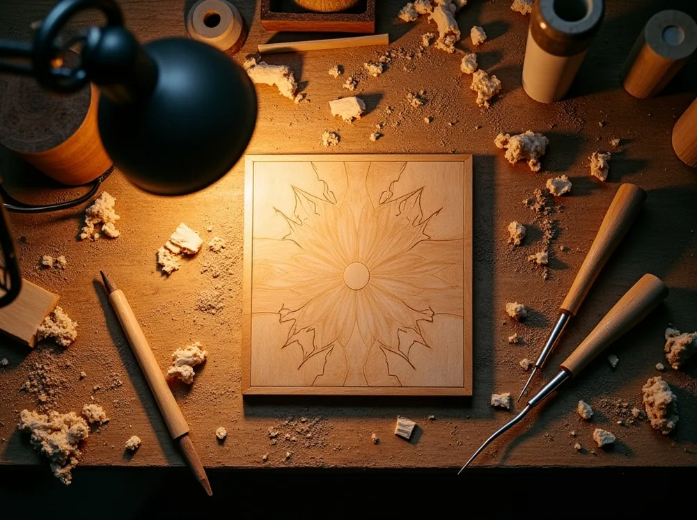 Overhead flat lay of a workshop bench with wood shavings carving tools and a half-finished board game