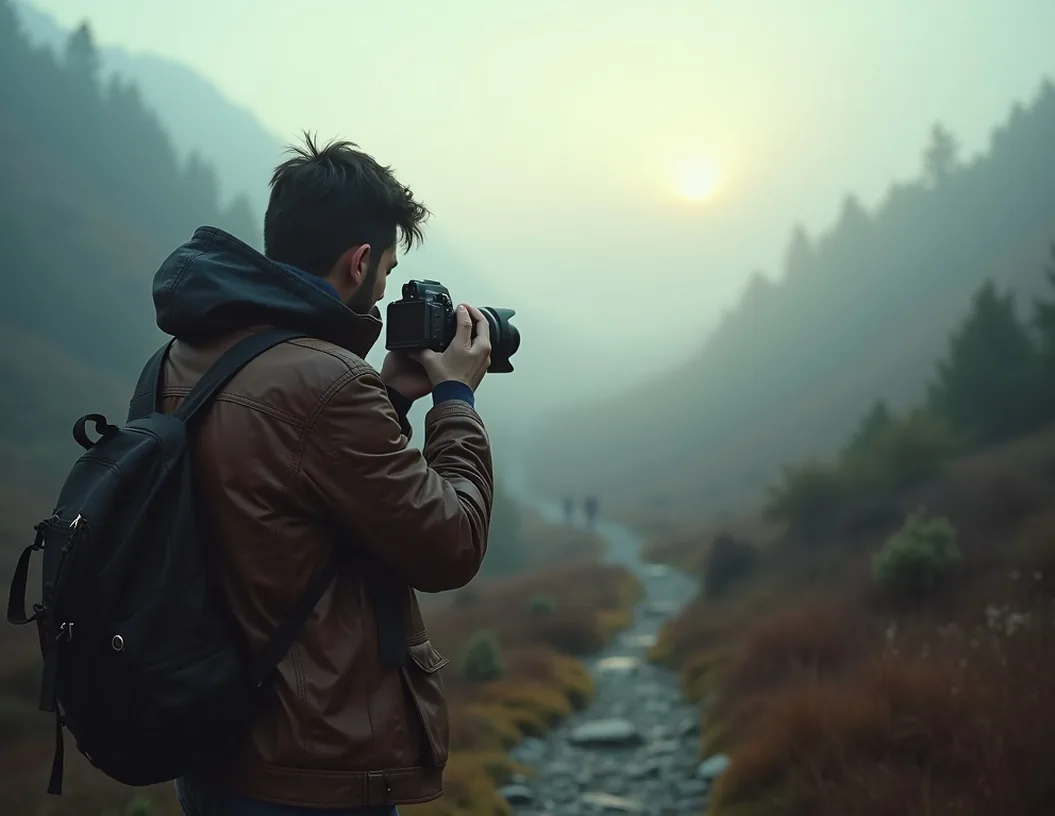 Photographer in a worn leather jacket raising an all-metal film camera to compose a shot on a foggy morning