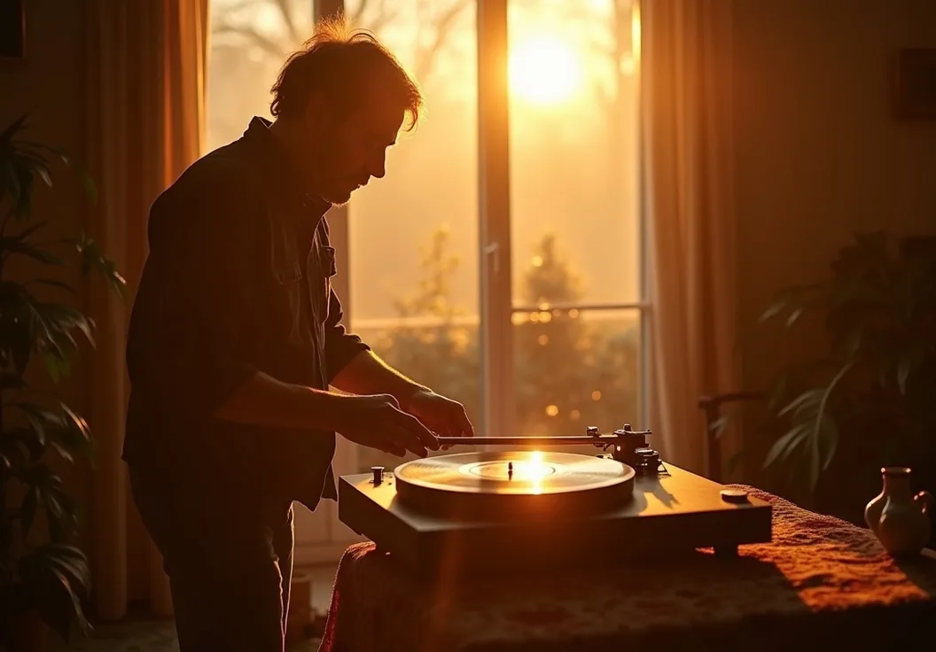 Warm sunlit living room in the late afternoon a middle-aged man carefully lowering the tonearm onto a record