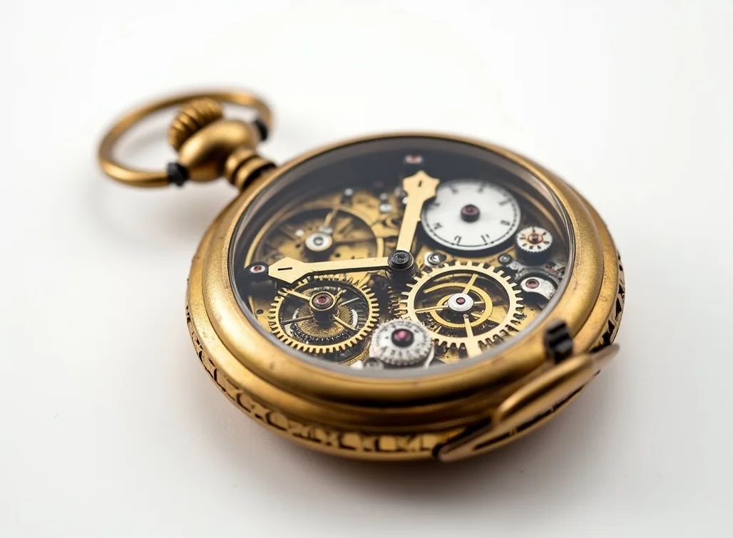 Cinematic macro of an open brass skeleton pocket watch on white background revealing internal mechanism