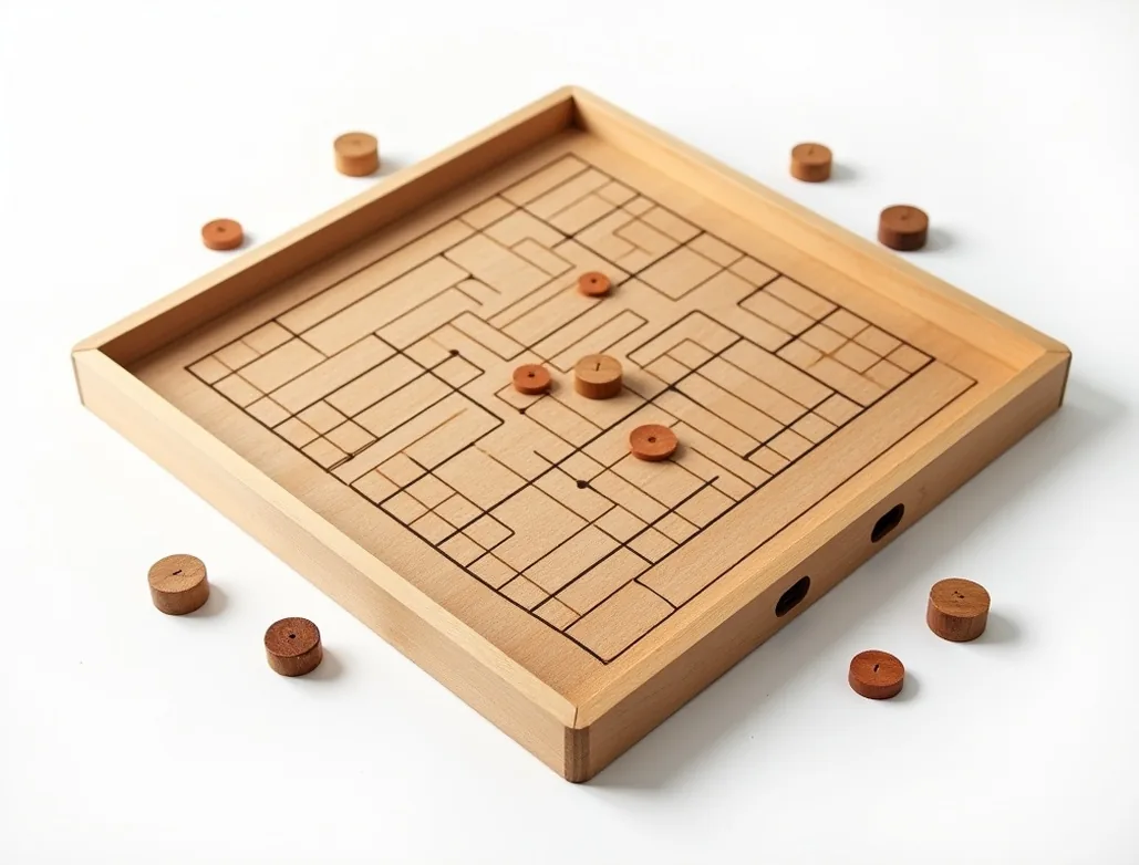 Cross-section style arrangement of a handcrafted wooden strategy board game with beech board