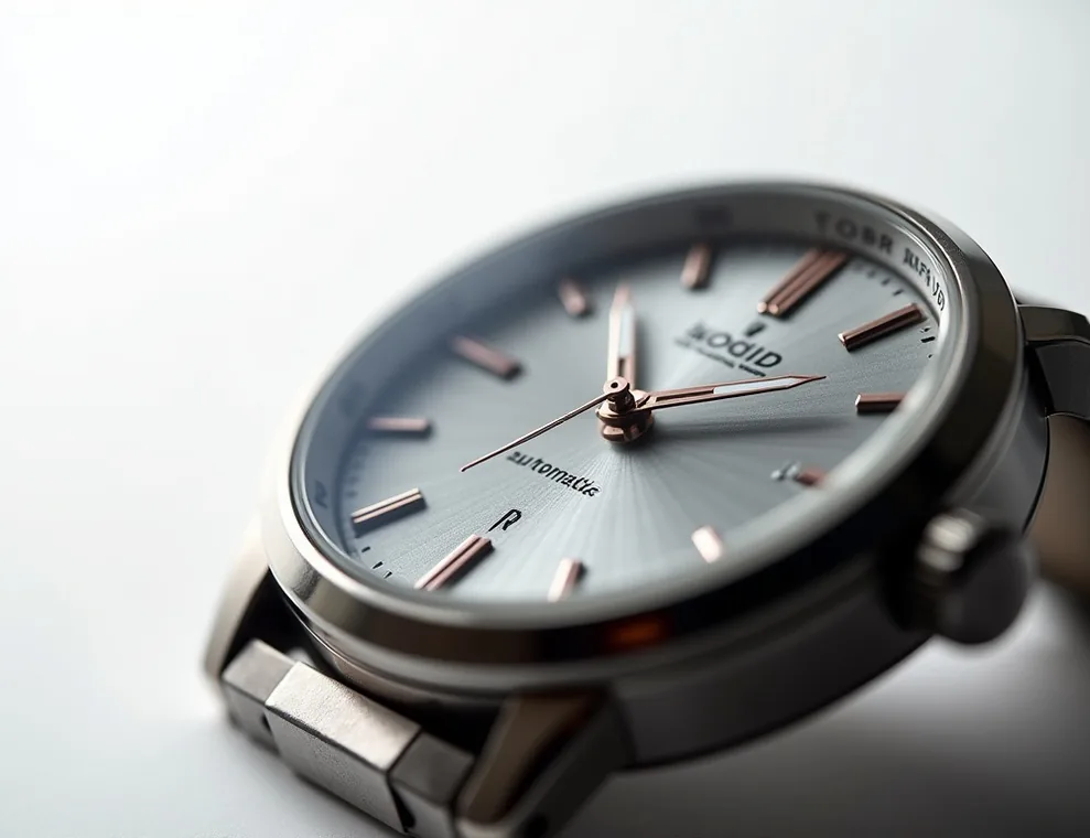 Extreme macro close-up of a mechanical automatic wristwatch on white background