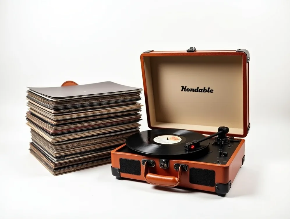 Leather-covered portable trunk record player with lid open next to a stack of vinyl records