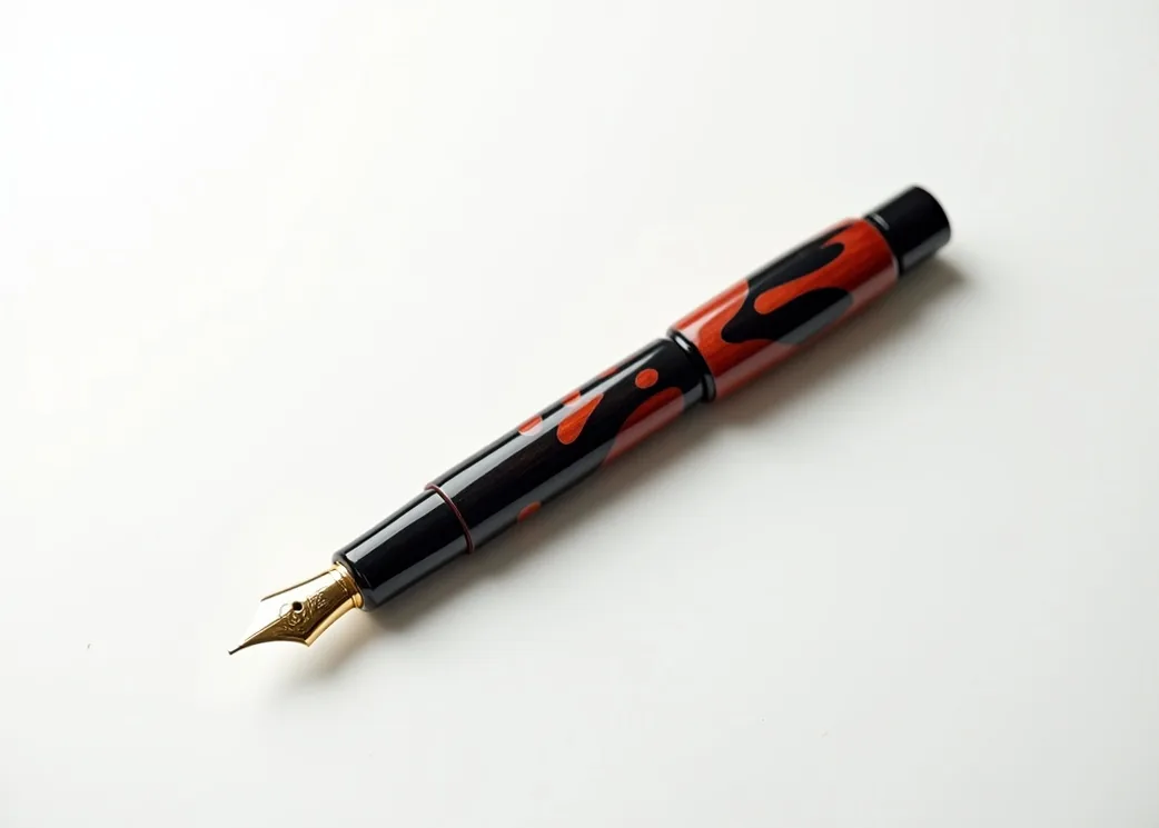 Elegant urushi maki-e lacquer fountain pen with cap removed on white background