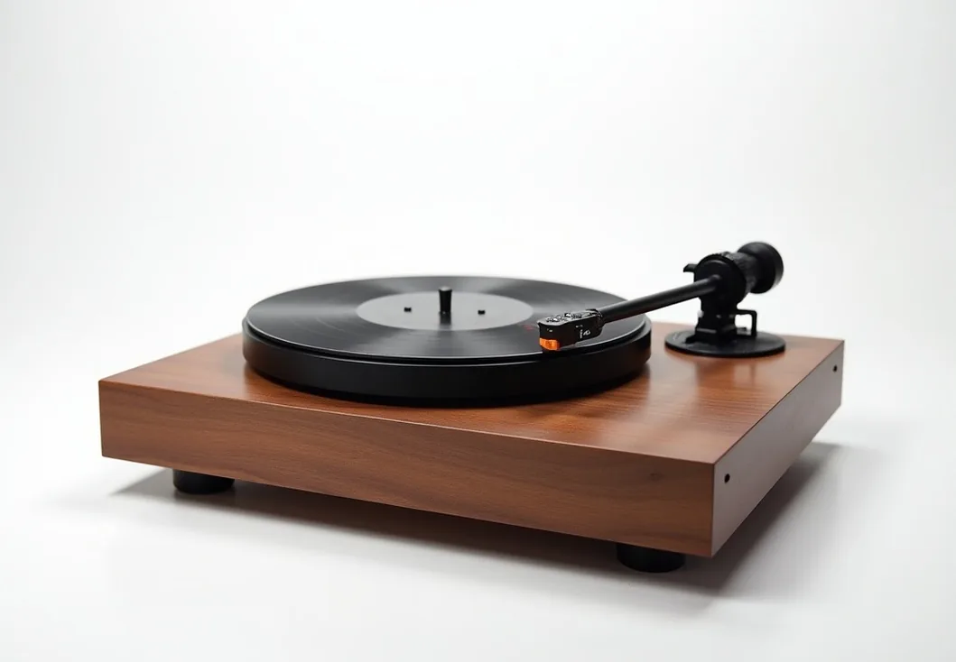 Walnut wood turntable record player on white background studio catalog shot
