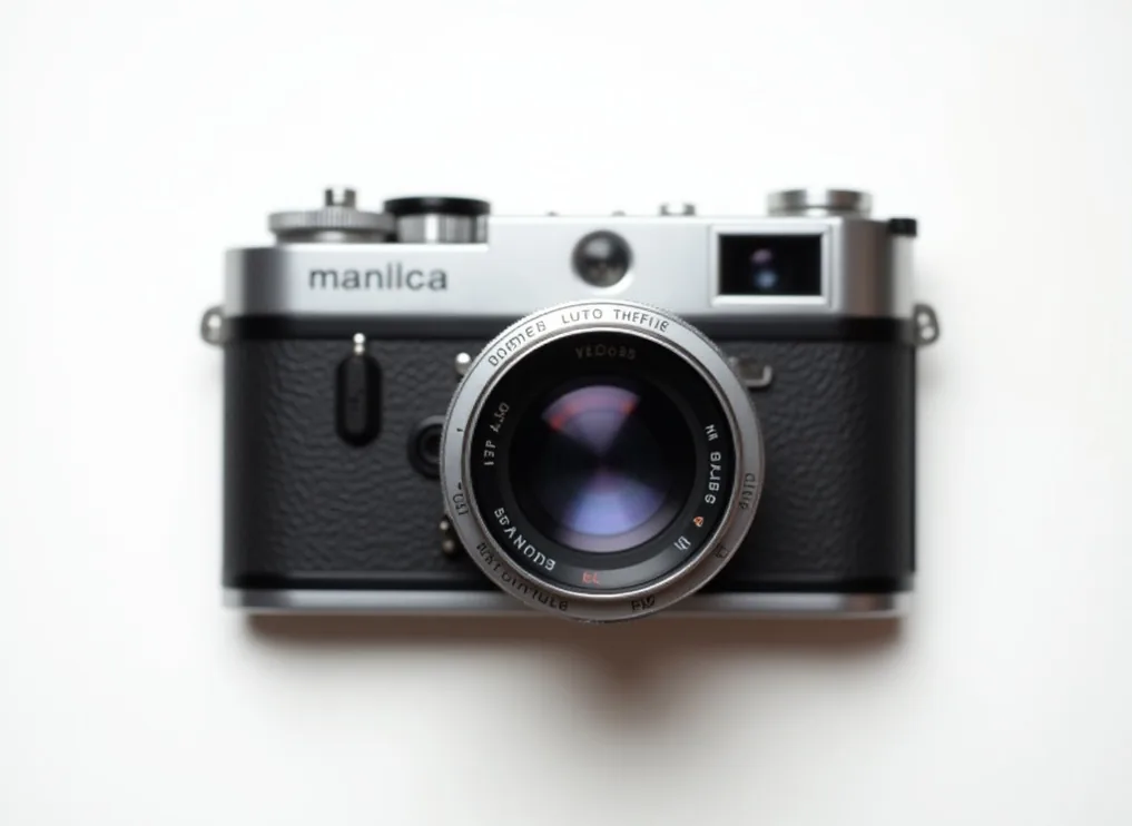 Top-down overhead shot of an all-metal rangefinder film camera on white background
